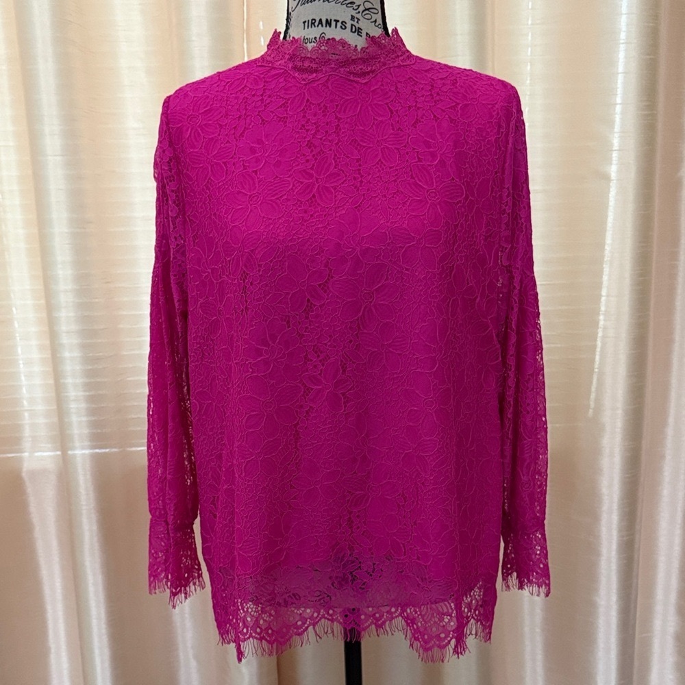Lipslide Fuchsia Pink Eyelash Flower Lace Puff Sleeves Blouse Pink